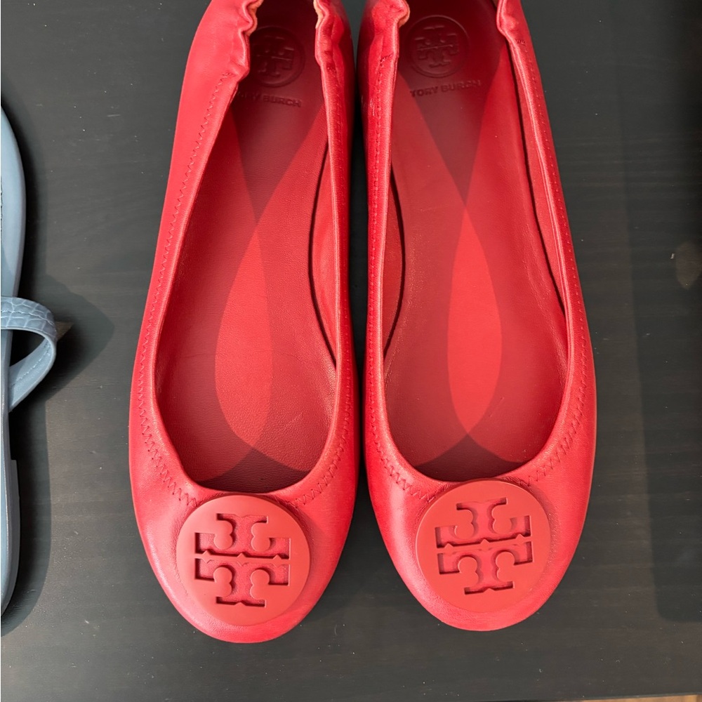 Tory Burch Red Flats with Rounded Toe and Logo Emblem